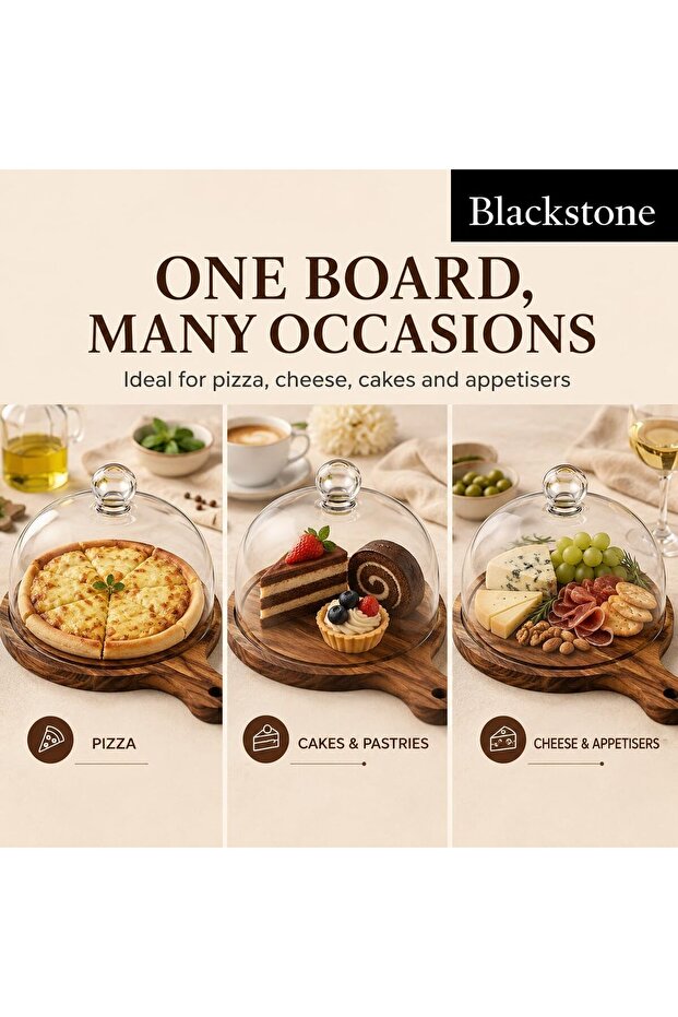 Acacia Wood Pizza Serving Board with Clear Acrylic Dome, Round Cheese, Cake and Charcuterie Paddle Board with Handle, 2-Piece Set