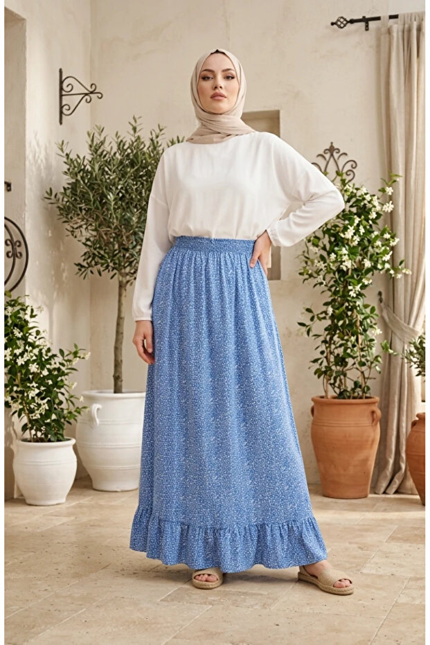 Elastic Waist Floral Patterned Skirt 0308-01 Blue