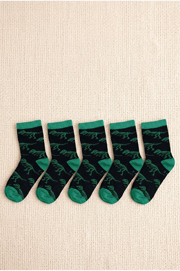 Boy's Black Green 7-8 Years Old Dinosaur Patterned 5-Piece Sock Set