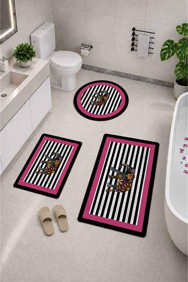 Non-Slip Based Washable 3-Piece Round Elephant Pattern Bath Mat and Toilet Set - Modern Bathroom Rug
