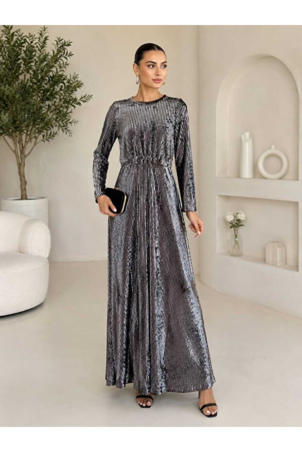 Sequined Silver Slim Velvet Evening Dress