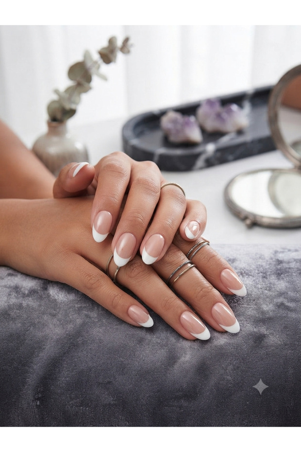 Handmade Press-On Nails Set - Size Medium Classic White French Tip Nude Base Medium Almond Shape Custom Gel Nails