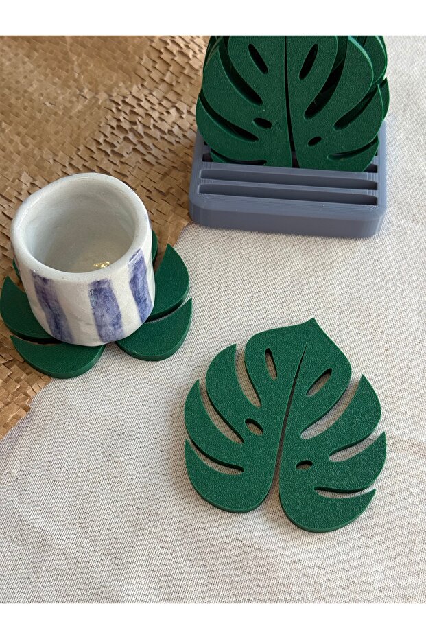 3D Design Monstera Leaf Shaped Coaster Set with Stand