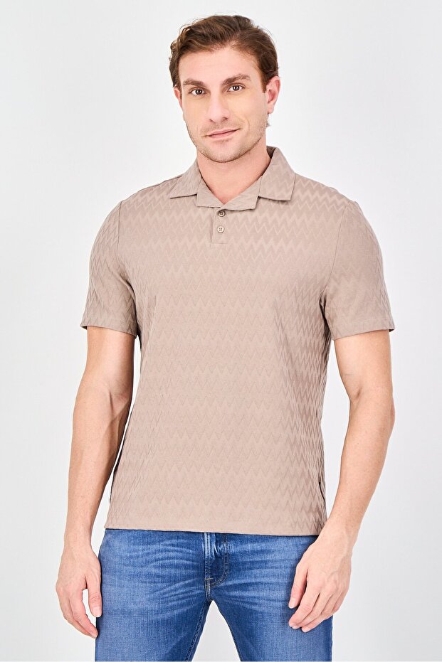 Men Regular Fit Jacquard Pattern Short Sleeve Polo Shirt, Taupe