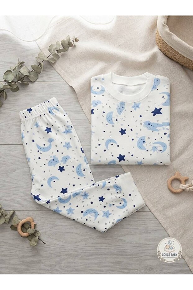 Moon Patterned 100% Cotton Baby Pajama Set – Blue Star Long Sleeve Set