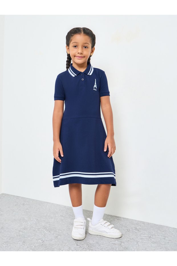 Girls Cotton Polo T-Shirt Dress With Striped Hem