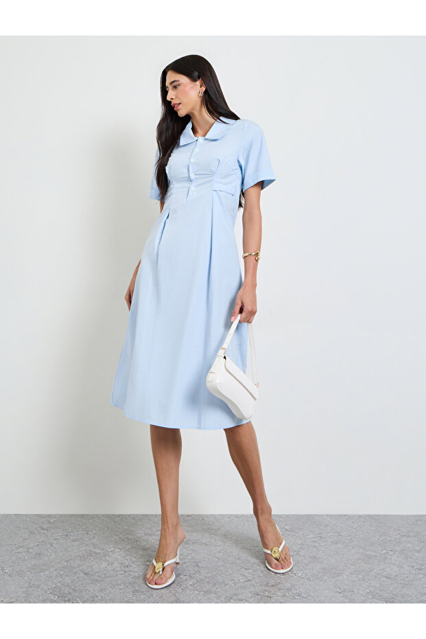 Blue Solid A-Line Midi Dress With Fold Pleat