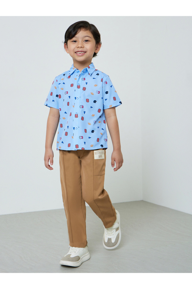 Boys Beige Badge Detail Pants With Drawstring Waist