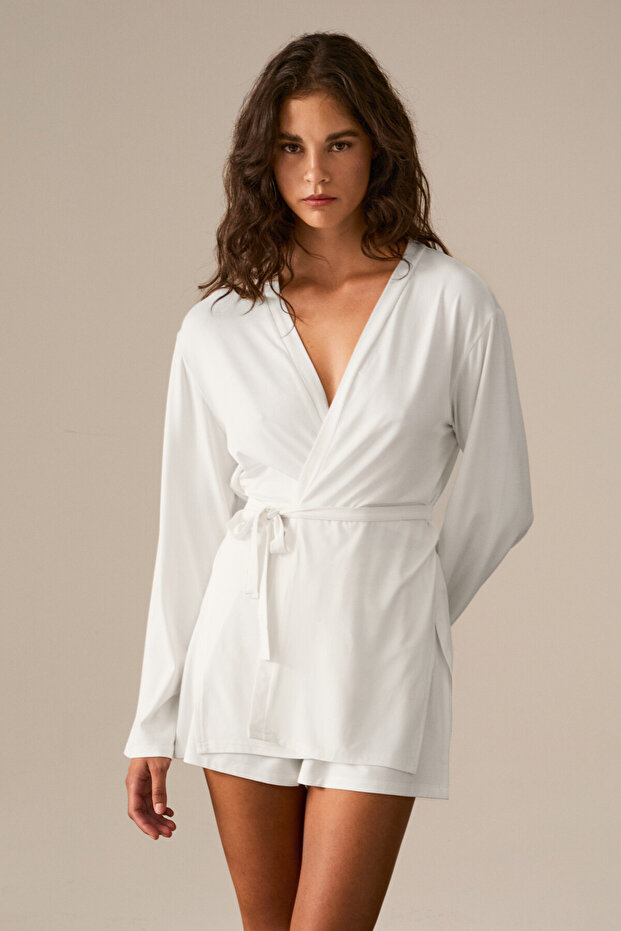 Zalure Women's Soft and Flexible Fabric Waist-Tie Short Ecru Kimono