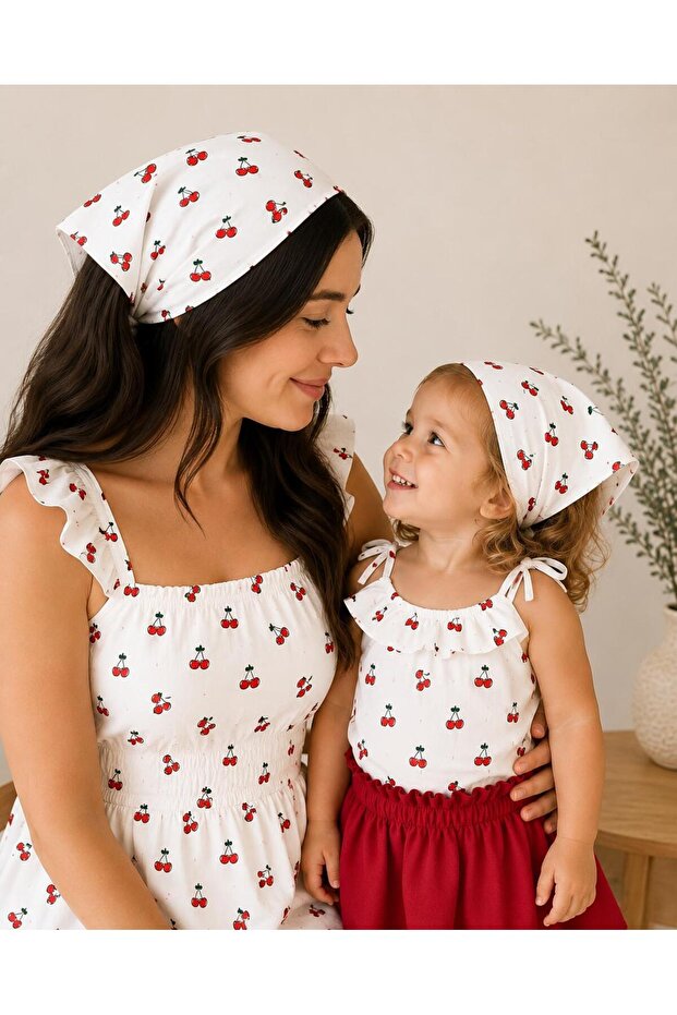 Mother-Daughter Cherry Patterned Bandana – 100% Cotton Poplin Matching Combination Hair Bandana