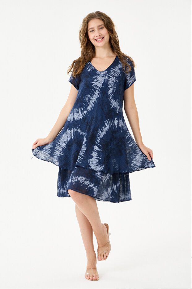 Navy Blue Italian Batik Patterned Lined Midi Length Dress Size 38 - 42