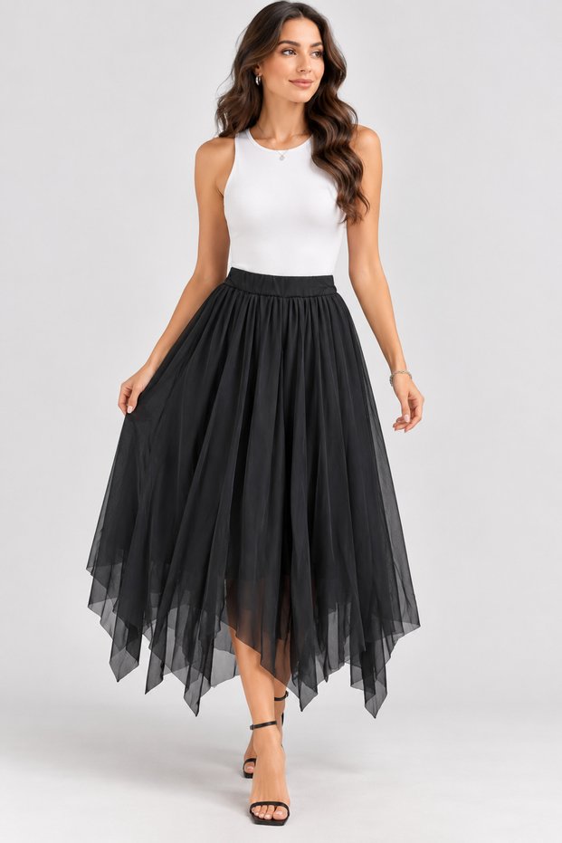 Mzr Black Asymmetrical Cut Tulle Skirt High Waist Lined Stylish Women's Skirt