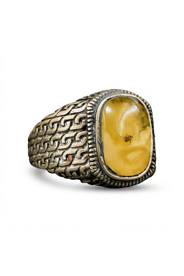 925 Antimony Silver Amber Ring – 11.25x24mm Butterscotch Cabochon Men's Ring 7.5g