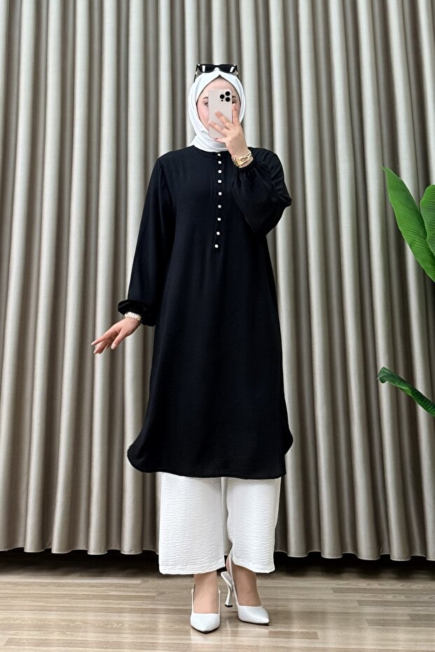 Saadet Tunic Ayrobin Fabric Women's Black Collar Openable Buttoned Elastic Sleeves Comfortable Cut Tunic