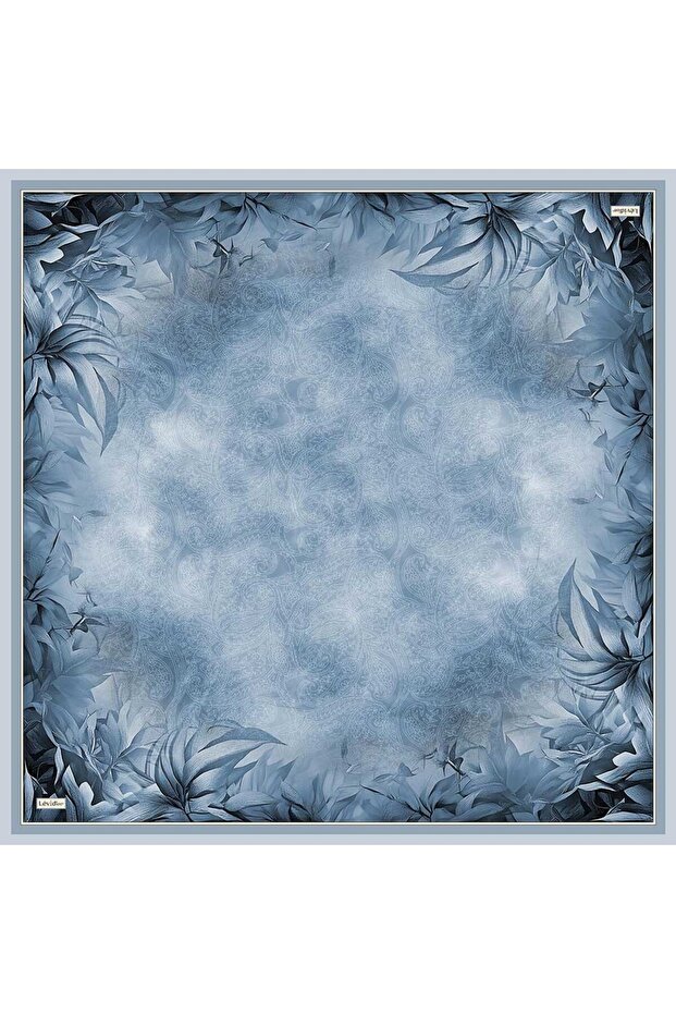 Baby Blue Twill Silk Scarf with Leaf Detail on the Edges