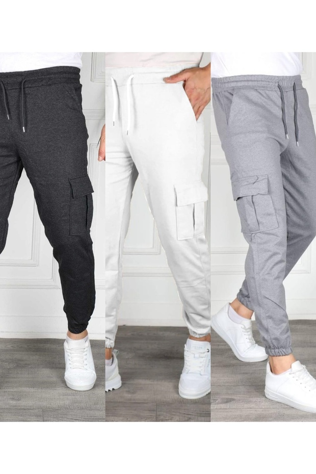 Set of 3 Unisex Cargo Pocket Elastic Leg Sweatpants