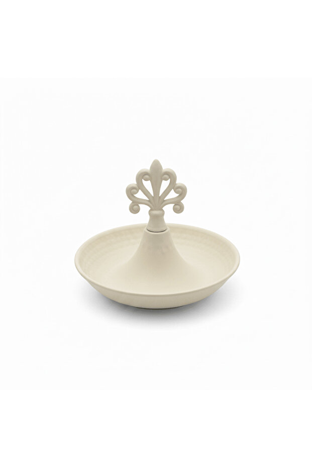 Cream Round Metal Serving Tray with Ornate Finial - 15×13 cm