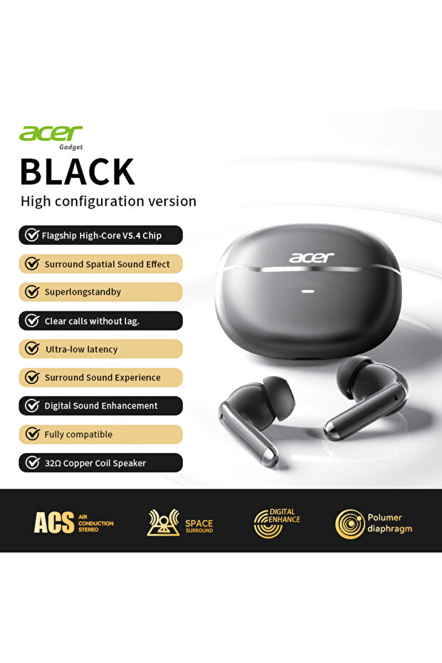 black Acer OHR623 TWS Wireless Earbuds Bluetooth 5.3 ENC Noise Cancelling Headphones HiFi Stereo Spo