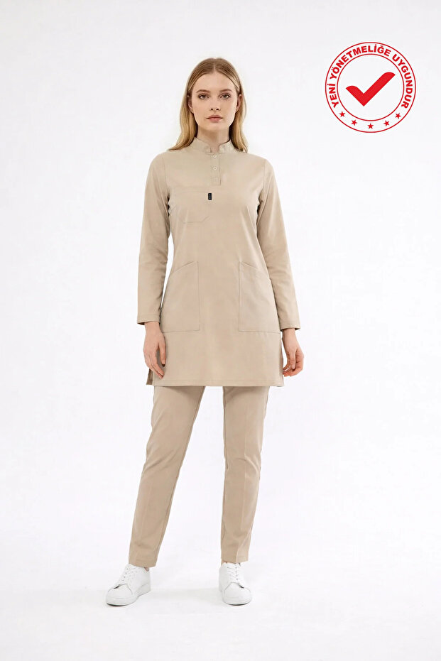Hijab-Embroidered Beige Health Technician, Technician Uniform Lycra Scrubs Women (Compliant with New Regulations - Moth)