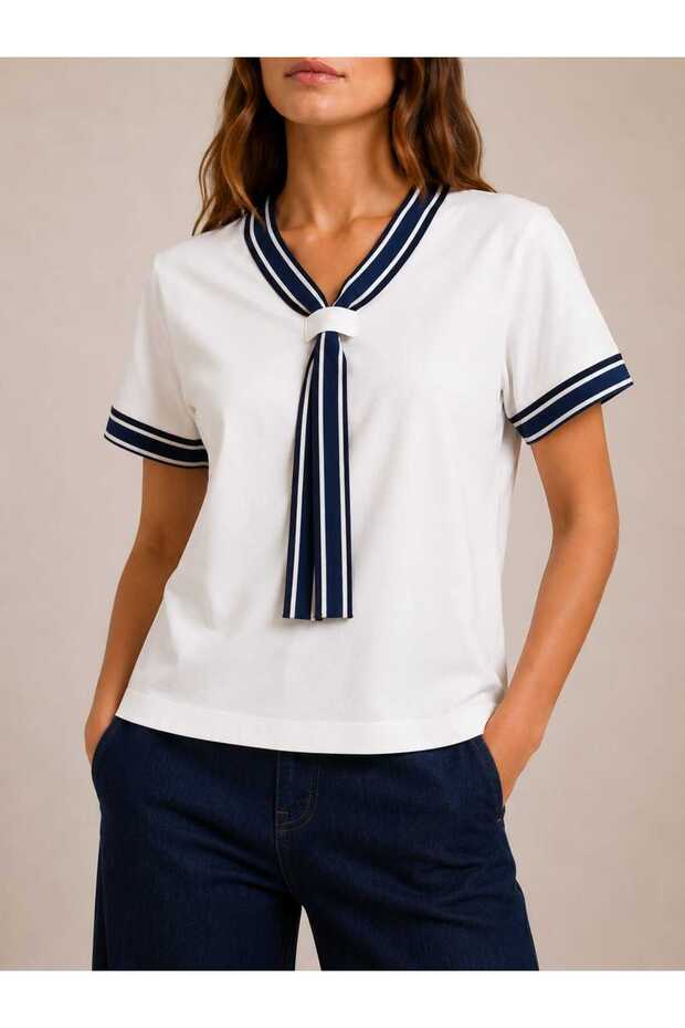 New Season Women's Modal Cotton V-Neck Stripe Detailed Scarf-Look Stylish Basic Short Sleeve T-Shirt