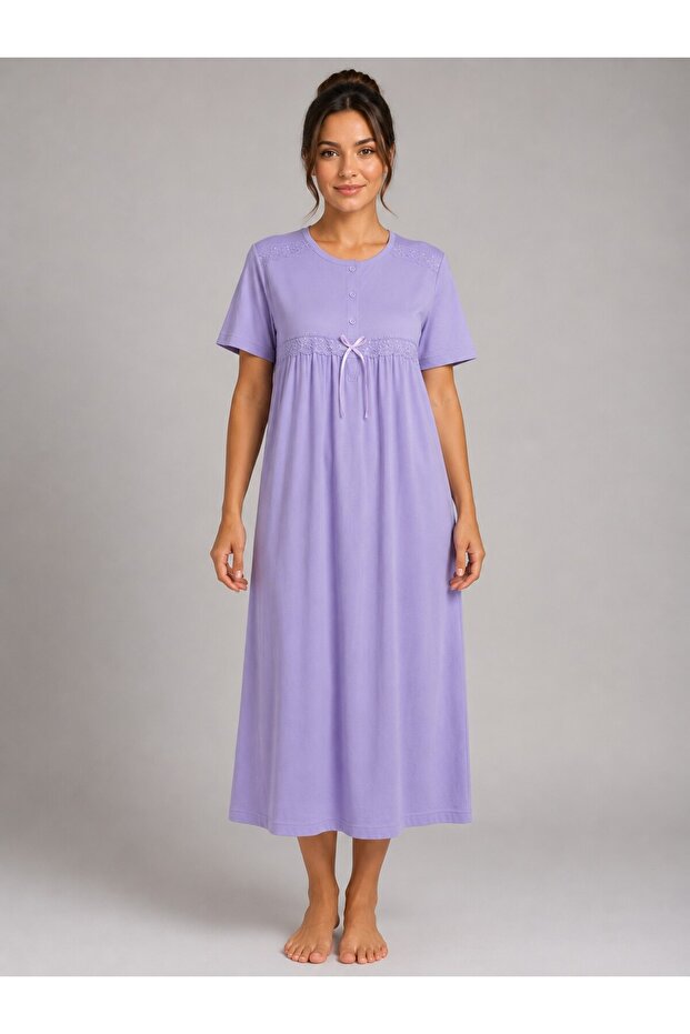 Short Sleeve 100% Cotton Lace Plus Size Women-Mom Nightgown