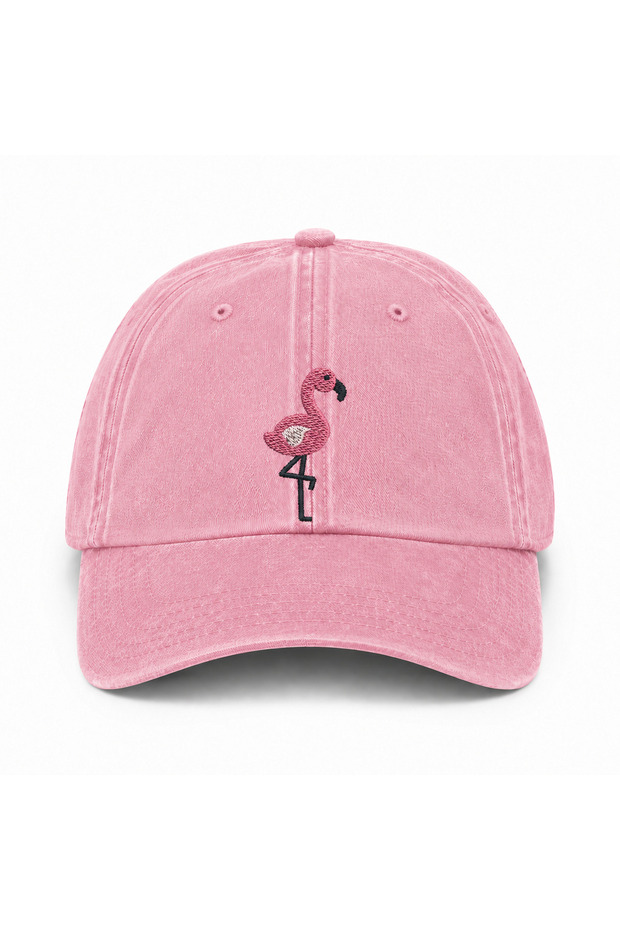 Flamingo Embroidered Unisex Cotton Vintage Washed Adjustable Cap Hat (Flamingo Embroidered Hat)