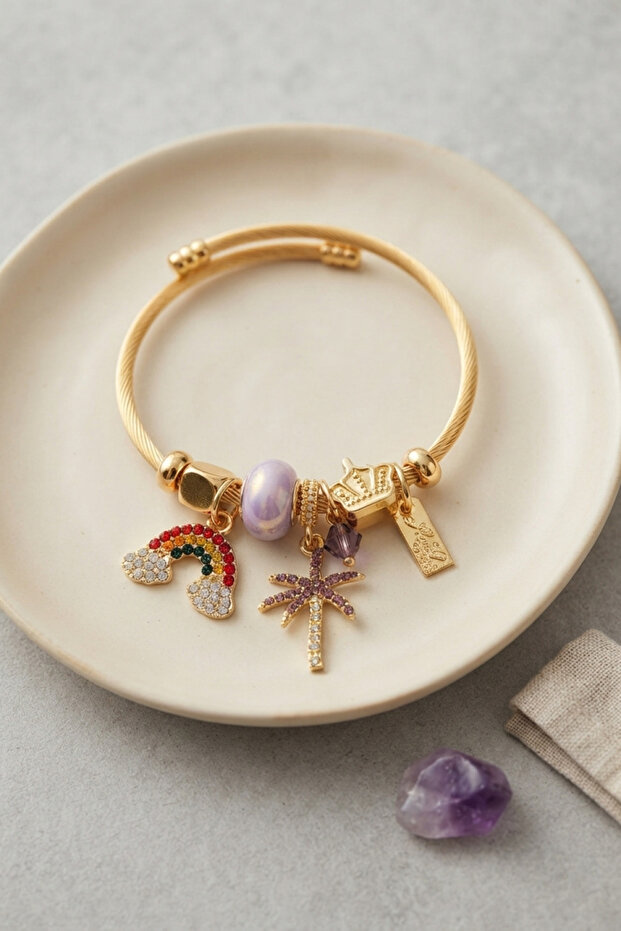 Bracelet with Rainbow and Purple Palm Charms