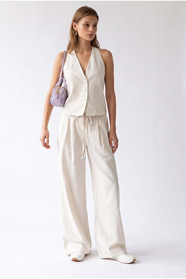 2193 Women's Buttoned V-Neck Vest Wide Leg Pants Set Natural