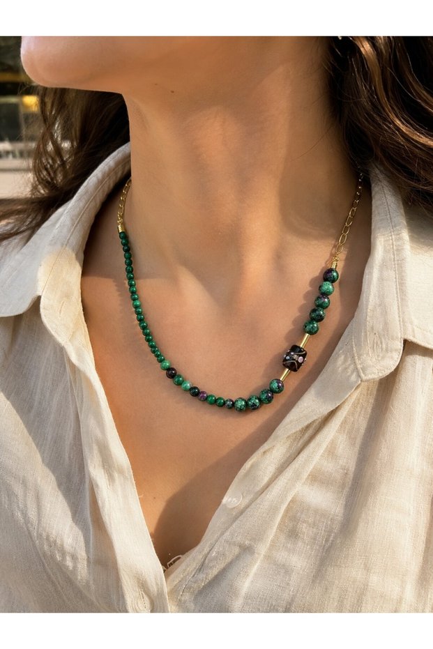 Asymmetrical Natural Stone Necklace - Gold Color Chain Necklace with Malachite, Zoisite, and Glass Bead Detail