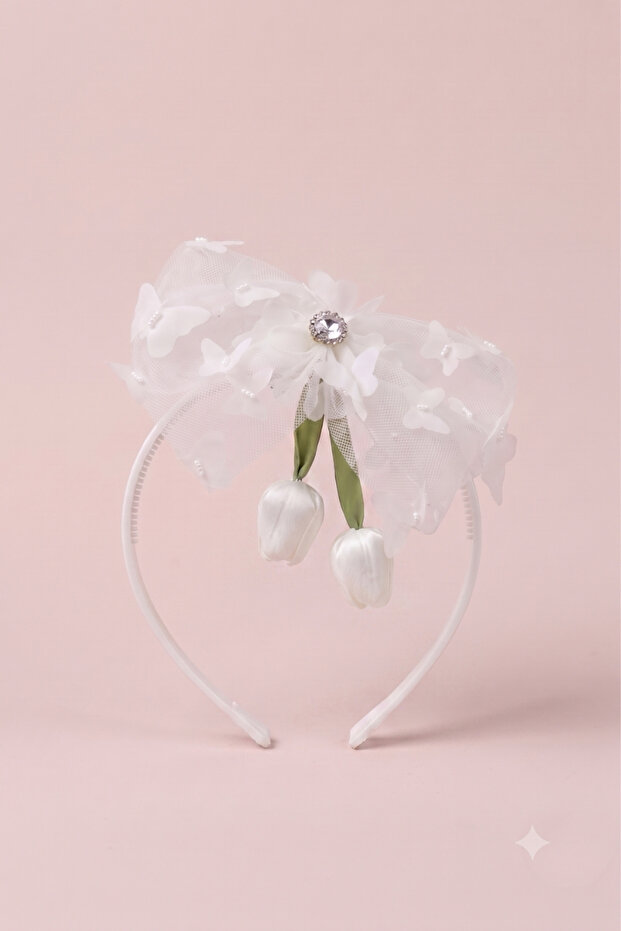 Ecru Tulip Figured Butterfly Tulle Stone Crown for Girls