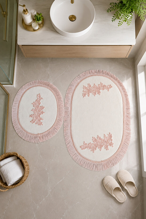 Powder 2-Piece Lace Non-Slip Leather Based Oval Bath Mat with Tassels Washable Bath Set Regio