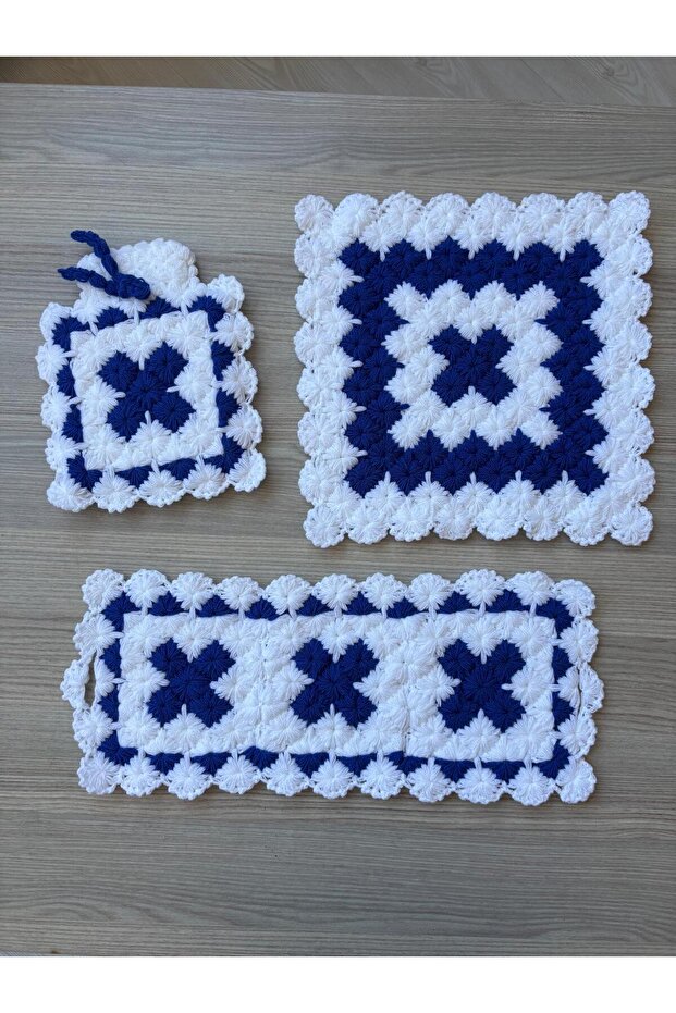 Hand Knitted 3-Piece Bath Washcloth Set - Dowry Pouch, Long and Square Washcloth Set Blue and White