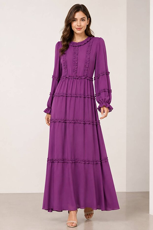 Chiffon Dress with Elastic Waist and Ruffle Details