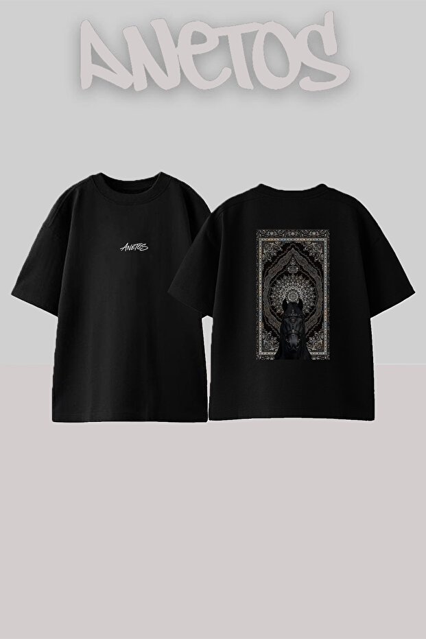 Black Horse Carpet Design Back Printed Cotton Black Oversize T-Shirt