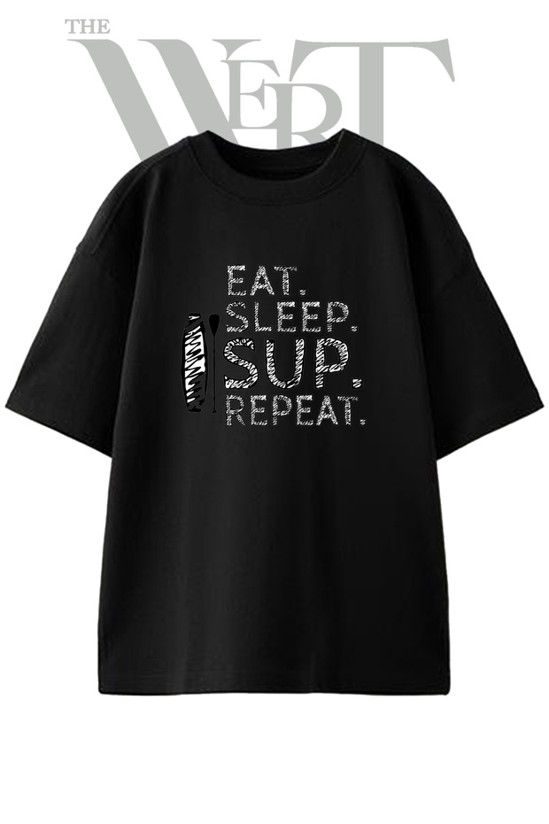 Sup Paddling Design Printed Unisex Black Oversize T-Shirt