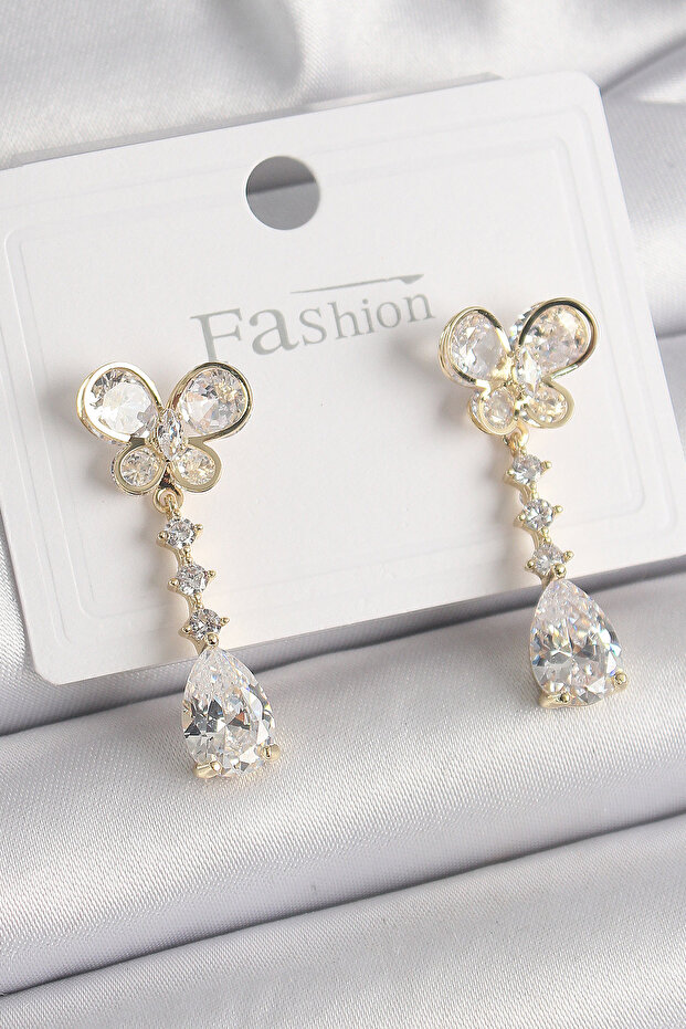 Brass Gold Color Zircon Stone Butterfly Model Dangle Drop Zircon Stone Women's Earrings