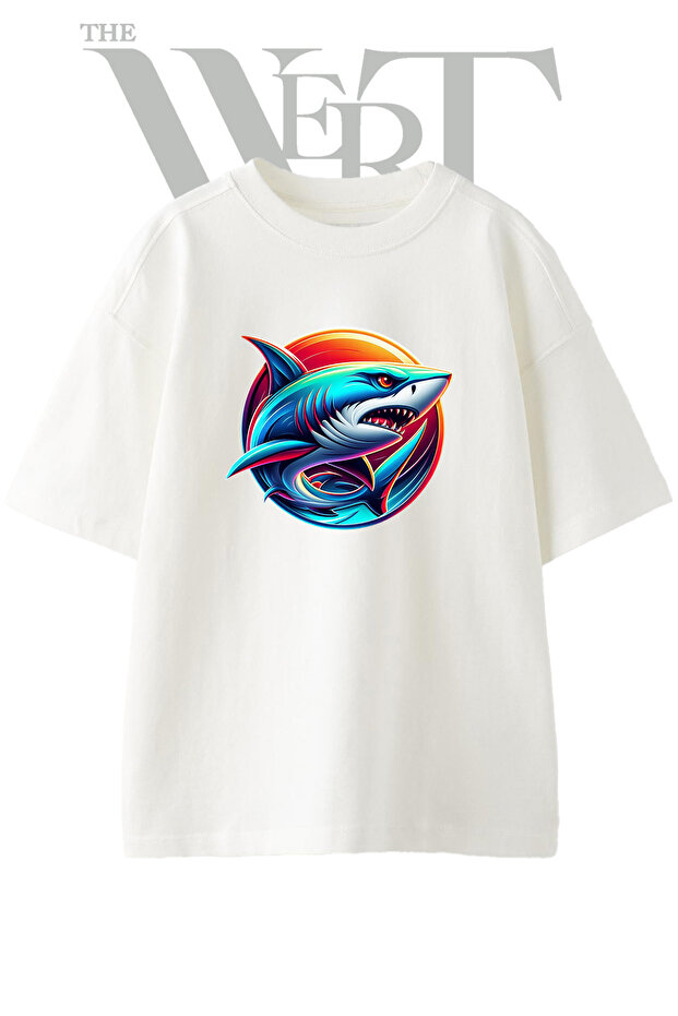 Shark Logo Design Printed Unisex White Oversize T-Shirt