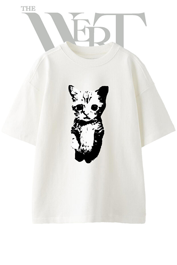 Cat Silhouette Design Printed Unisex White Oversize T-Shirt
