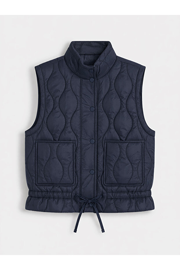 Navy Blue Stand Collar Quilted Women's Puffer Vest