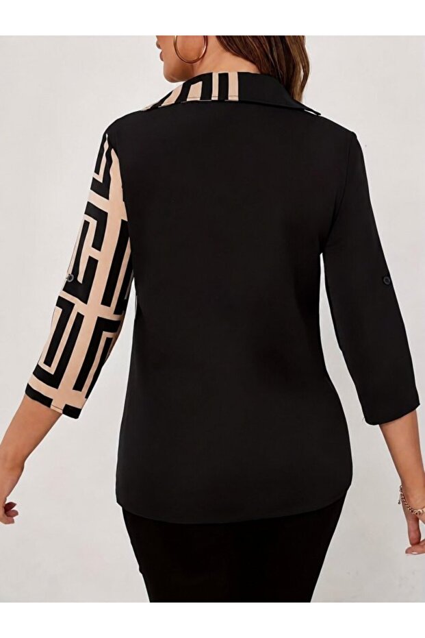 Women's three-quarter sleeve, double-breasted, one-sided patterned diver blouse