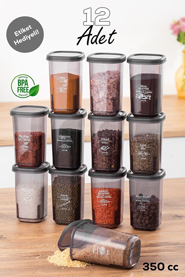 Prs 1107 Set of 12 Spice Containers with Airtight Lids, Leak-Proof Lids and Labels - Food Storage Container