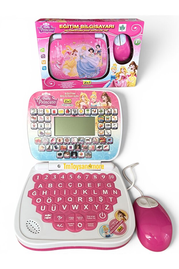 Educational Screen Pink Princess Laptop Children's Computer with Mouse 100 Functions in English and Turkish