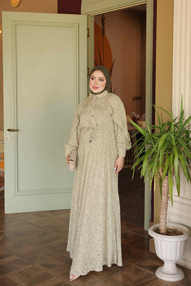Khaki Tie-Waist Patterned Dress