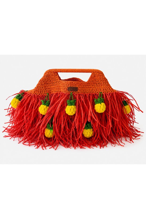Velora Large Size Pineapple Figured Hand Knitted Paper String Tassel Summer Beach Bag
