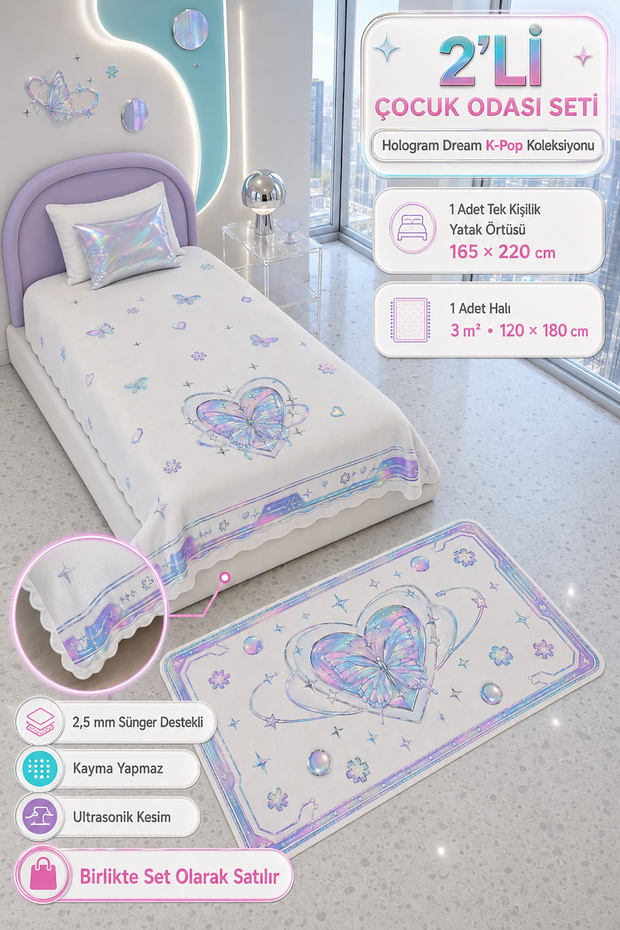 Premium Uyum 2-Piece Set – 165X220 cm Sponge Supported Ultrasonic Cut Single Bedspread + 120X180 cm Non-Slip Base Carpet