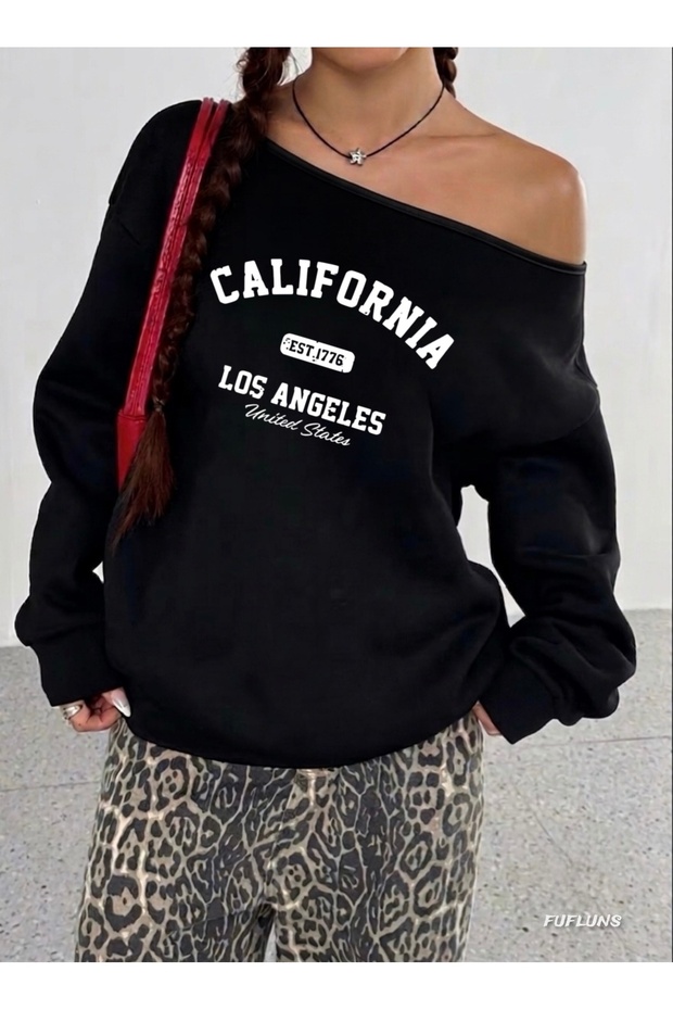 California Est Printed Oversized Women's Boat Neck Sweatshirt