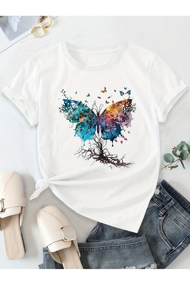 Women's Mix Printed Crew Neck Regular Fit T-Shirt