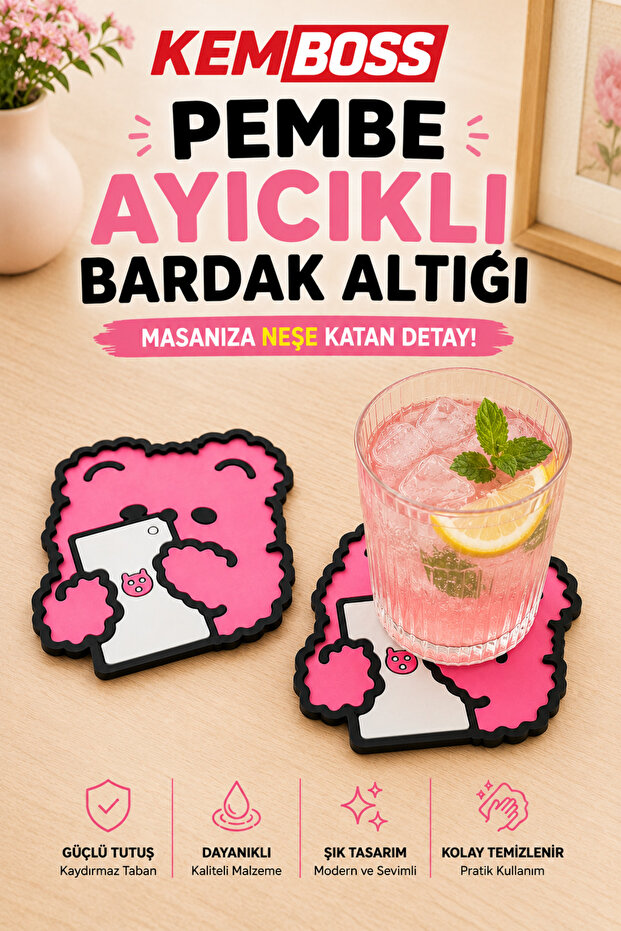 Pink Teddy Bear Coasters Set of 2 - Pvc Non-Slip Coasters Coffee Mug Tea Cup Coasters Table Protector