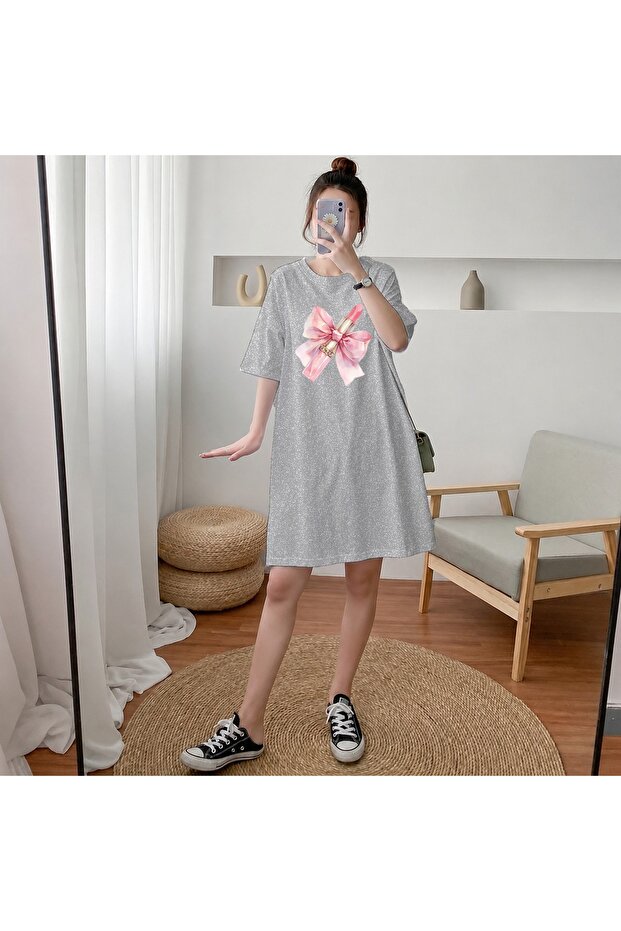 Women's Extra Long Oversize Pink Ribbon and Lipstick Printed T-Shirt