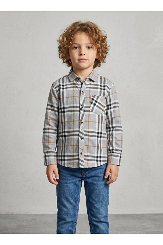 Boys Grey Checkered Casual Cotton Shirt